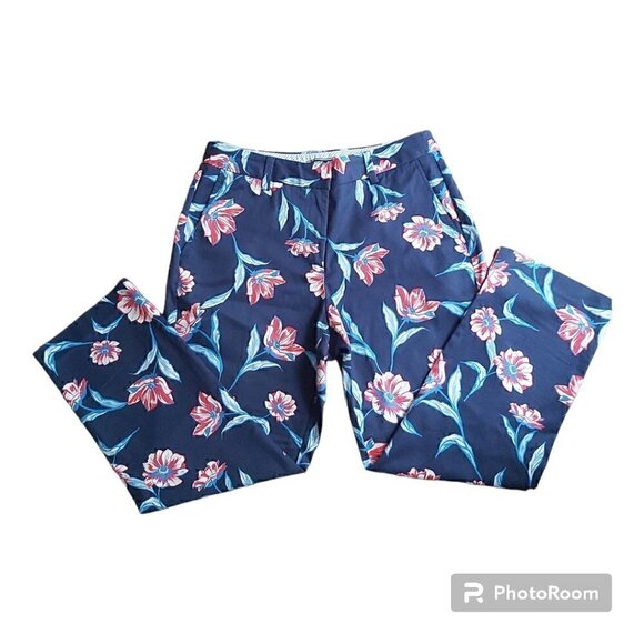 LANDS' End Womens Mid Rise Straight Leg Dark Blue Floral Crop Pants - Size 8 - Picture 1 of 6